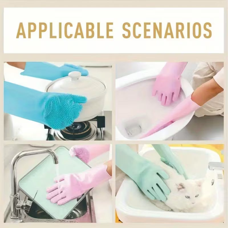 Reusable Magic Dish washing Gloves with scrubber, Silicone Cleaning, Scrub Gloves for Wash Dish, Car Washing, Kitchen, Bathroom Multipurpose Usage (1 Pair: Right + Left Hand) Multicolour