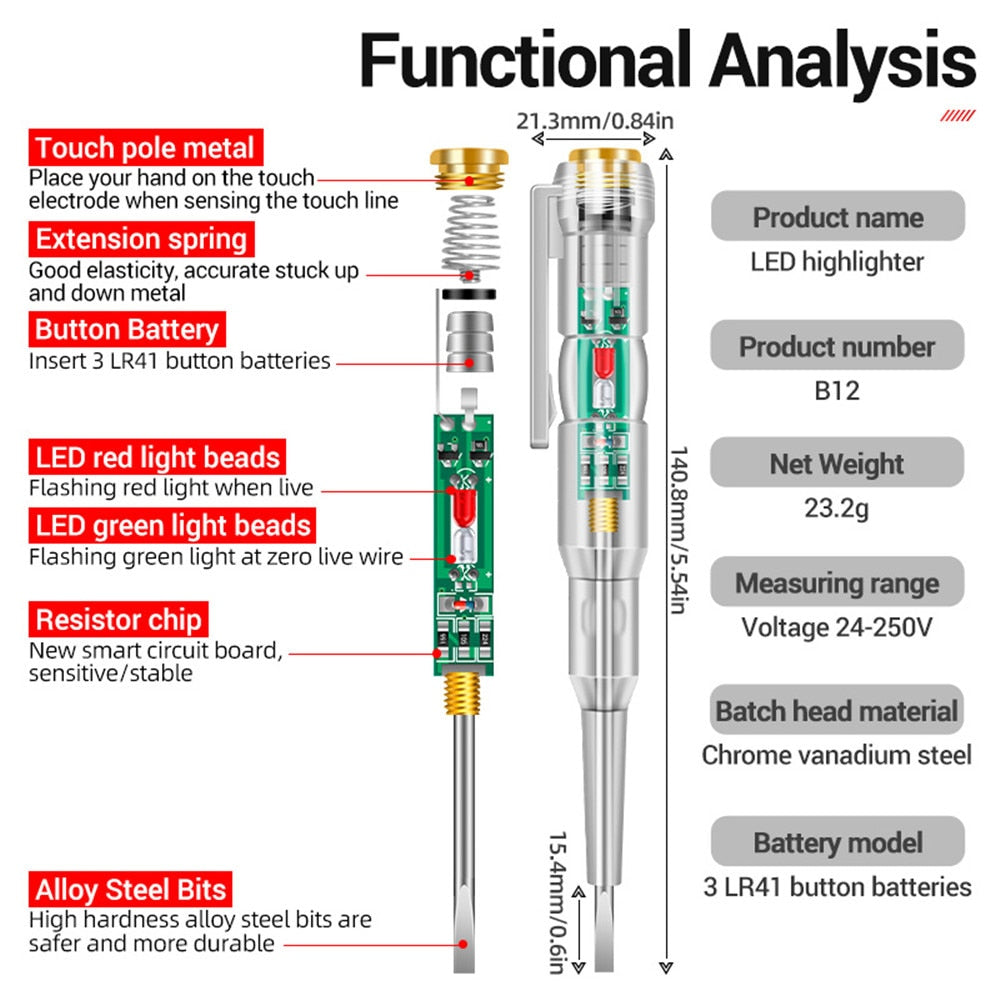 Intelligent LED Photometer Test Pen Voltage Detector Voltmeter 24-250V Circuit Tester Electric Screwdriver Indicator